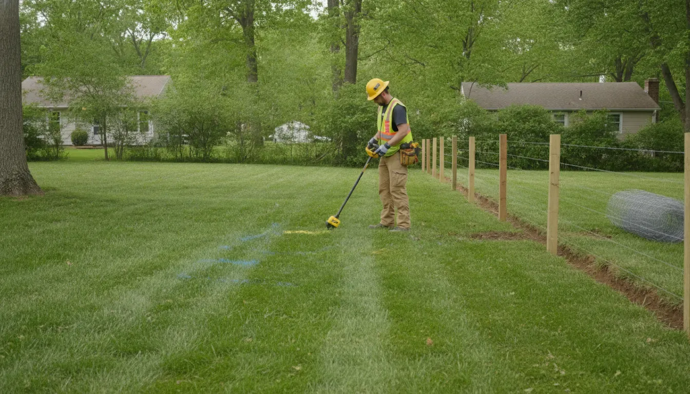 Technician using a handheld electromagnetic locator before digging near a residential fence