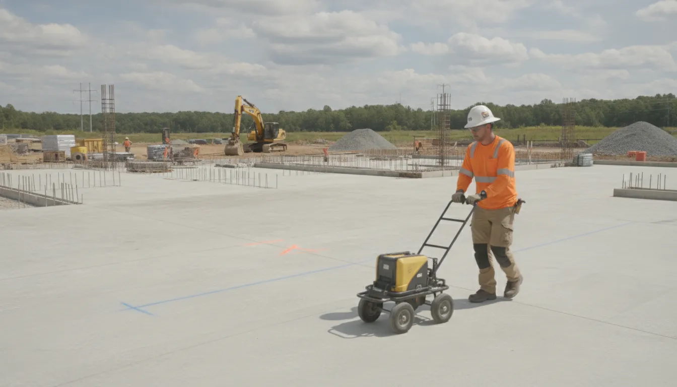 Technician scanning a concrete slab with ground penetrating radar equipment