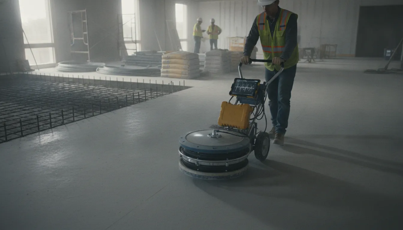 Technician using GPR equipment to scan a concrete floor