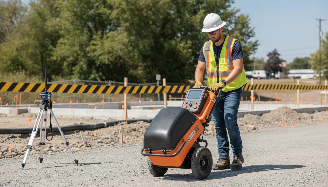 Technician using GPR equipment near marked underground utilities