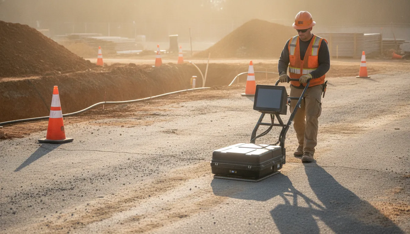 Technician pushing a ground penetrating radar cart across a paved construction site