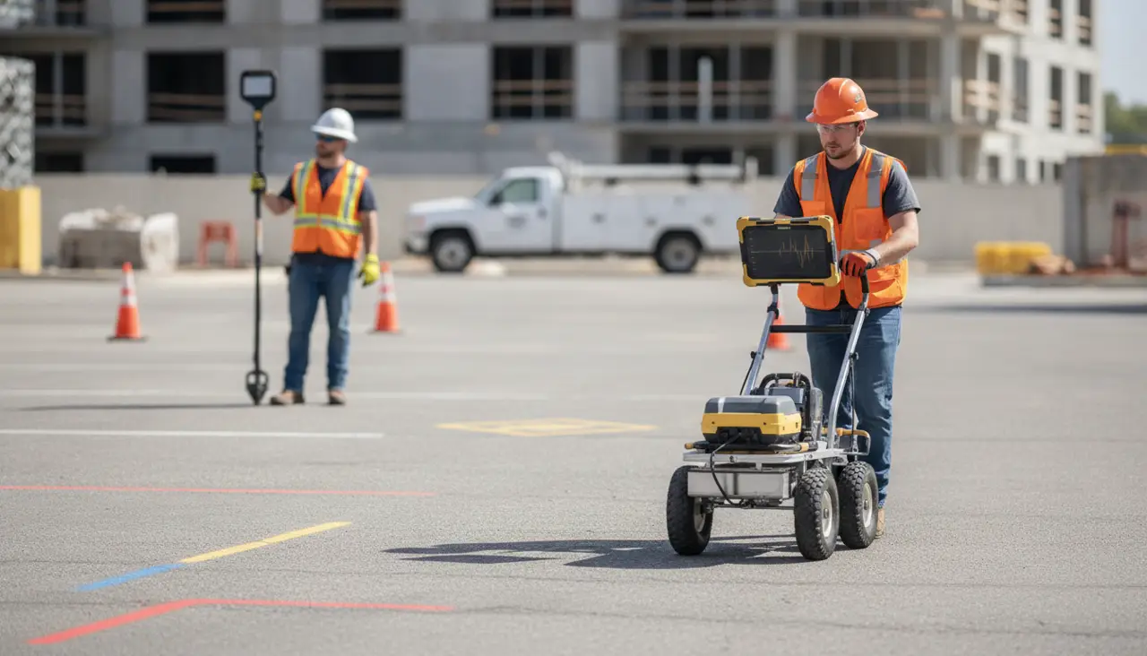 Technician guiding ground penetrating radar equipment across a marked outdoor utility survey area