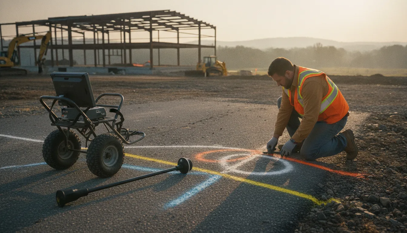 Surveyor comparing faded utility paint with fresh marks beside locating equipment on a Virginia job site