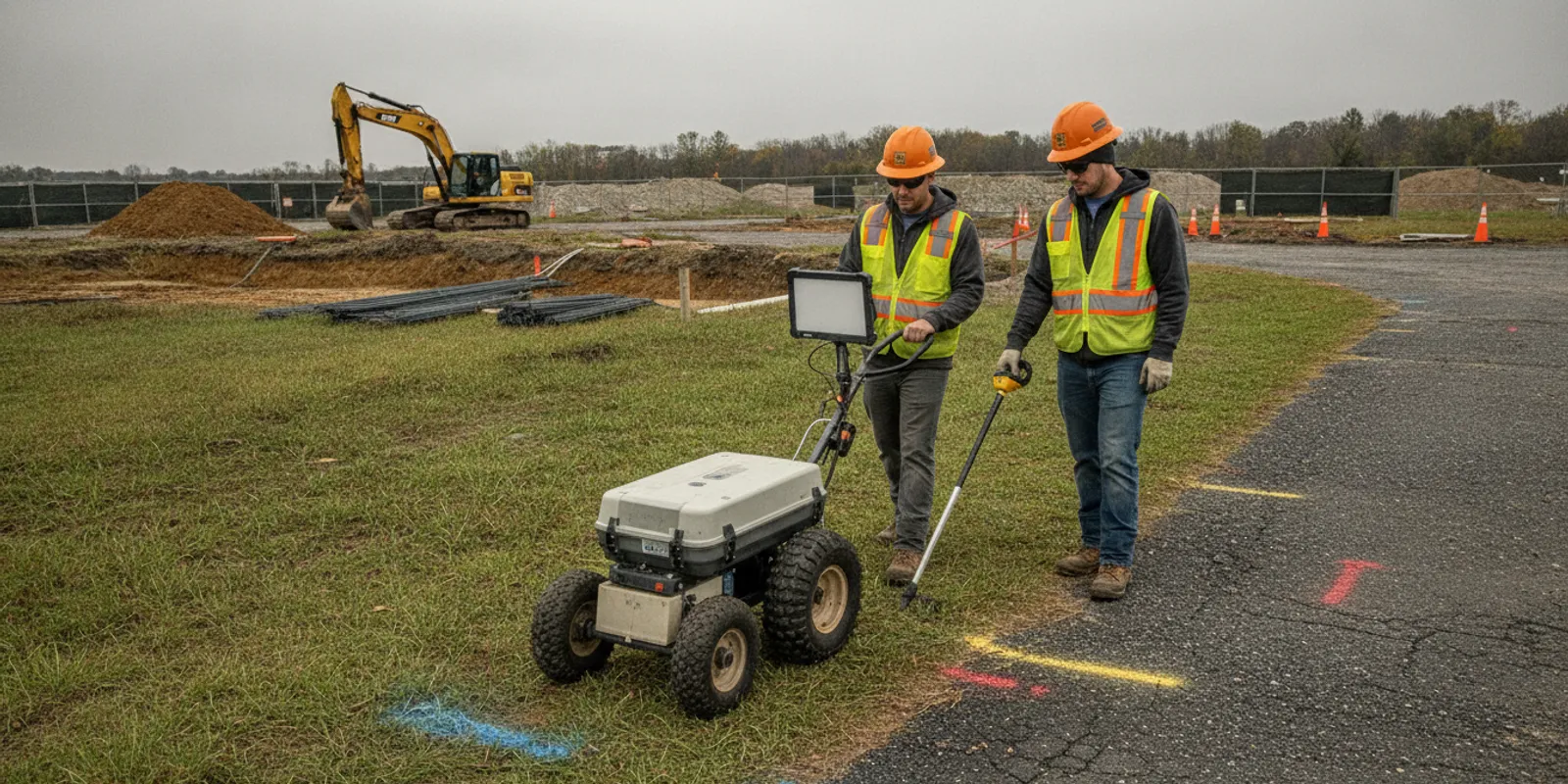 Field specialist using locating equipment to investigate underground utilities on a civil project site