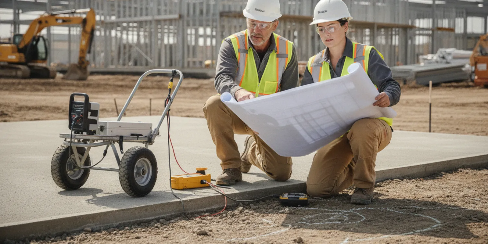 Contractors reviewing a marked concrete slab and subsurface utility plans with GPR and electromagnetic locating equipment nearby