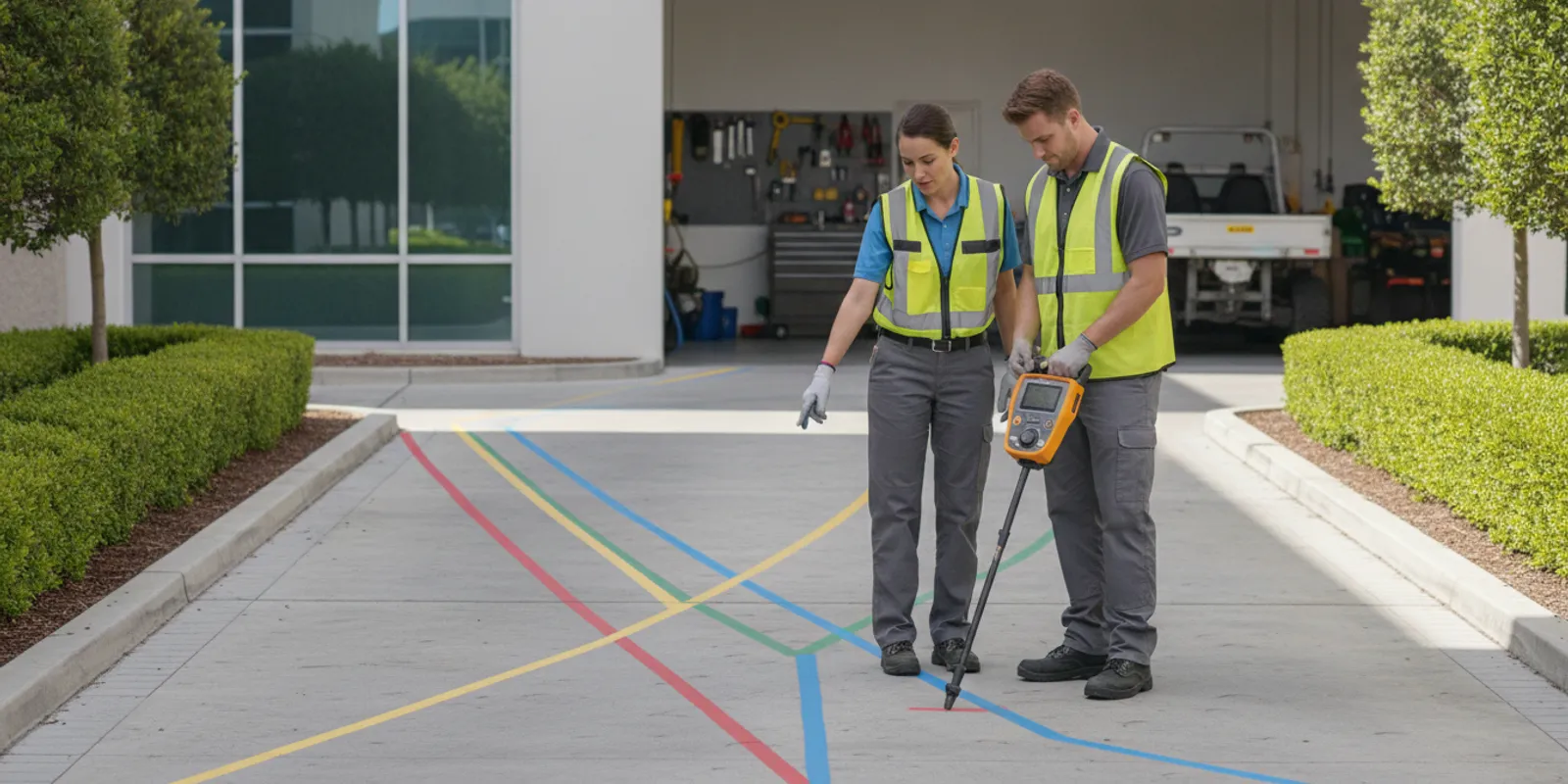 Facility manager and field technician reviewing underground utility markings beside a commercial building