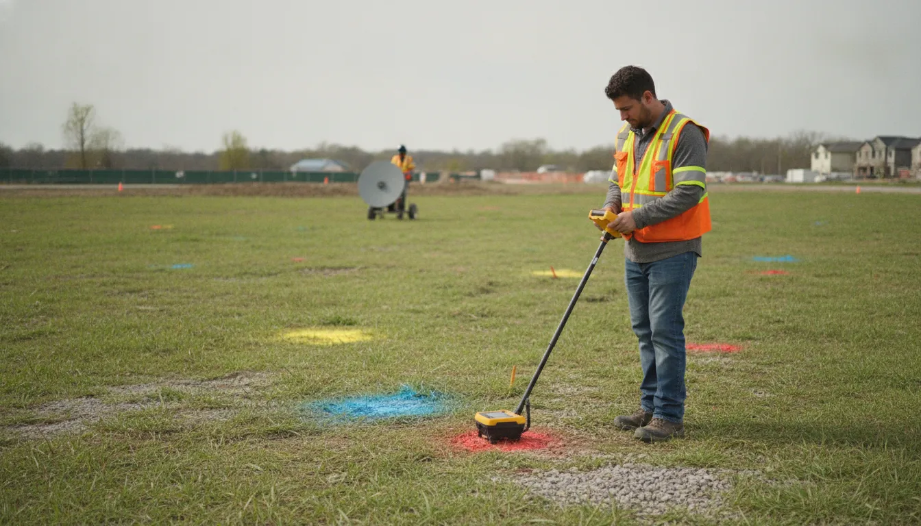 Technician using EM locating equipment at a construction site