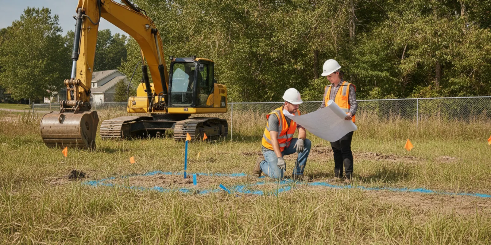 Excavator operator reviewing marked underground utility routes with a field technician before digging