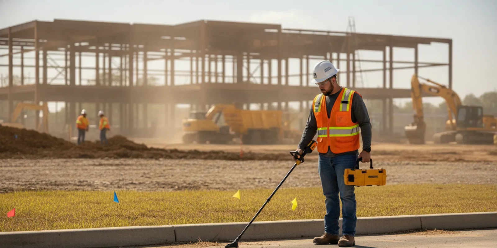Utility locating technician surveying a marked construction site before excavation