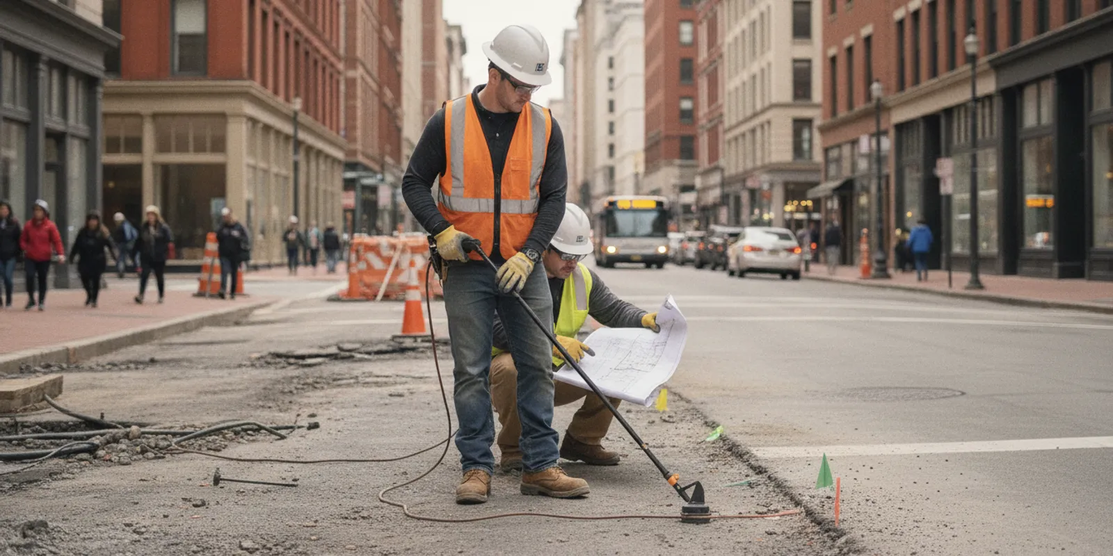 Survey team using utility locating equipment on a dense Washington, DC streetscape