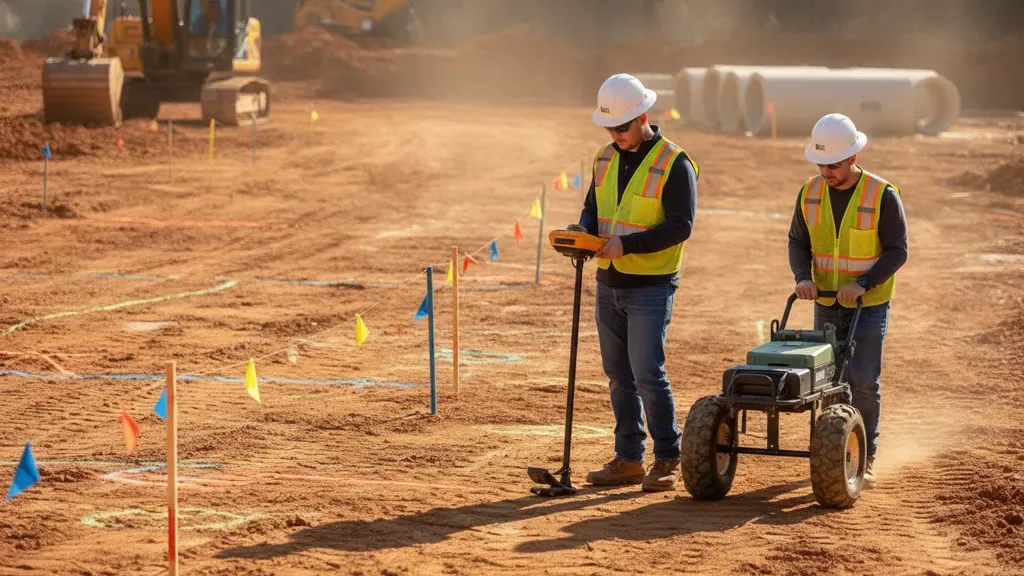 Civil engineering team using EM locating and GPR equipment during a subsurface utility engineering investigation