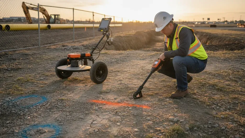 Technician using an EM locator beside a GPR cart during utility mapping fieldwork