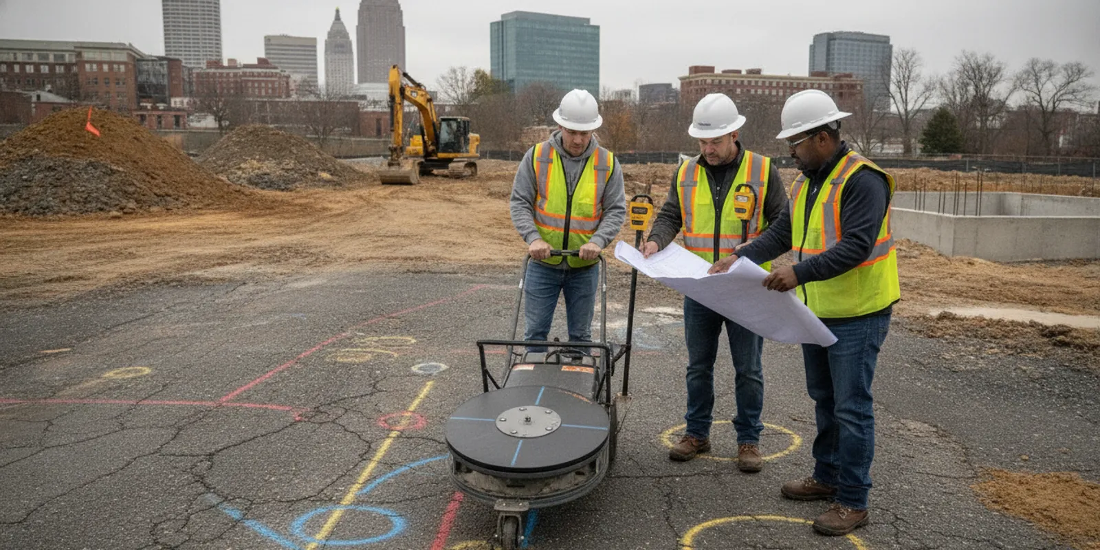 Survey and utility locating crew reviewing marked underground utility routes at a Richmond-area construction site