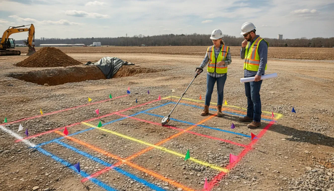 Contractor reviewing underground utility marking colors with an EM locator at a construction site