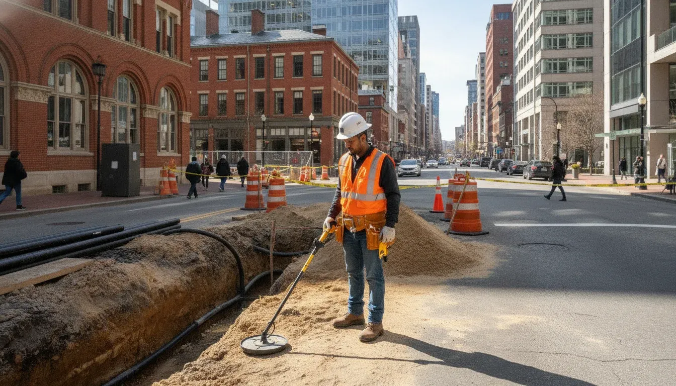 Technician using an electromagnetic locator on an Arlington urban construction site