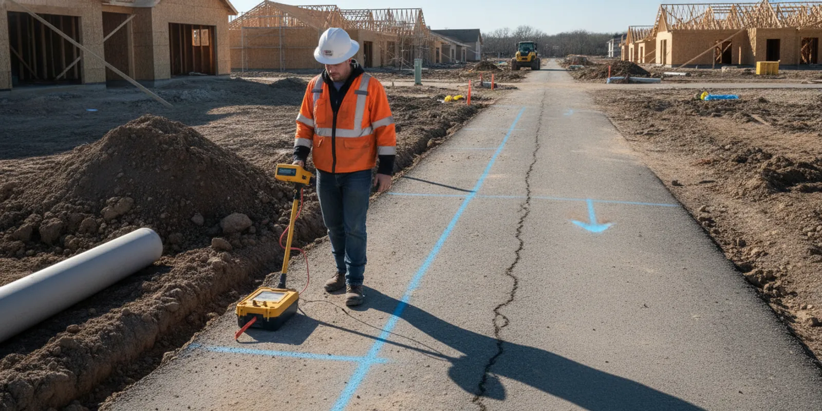 Field technician reviewing underground utility markings along a planned broadband installation route