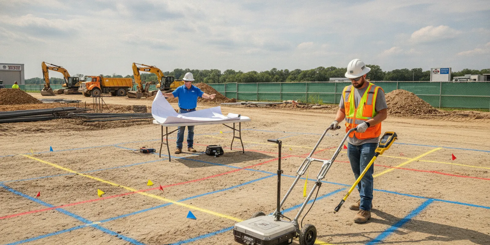 Field technician using utility locating equipment beside colored underground utility markings at a construction site