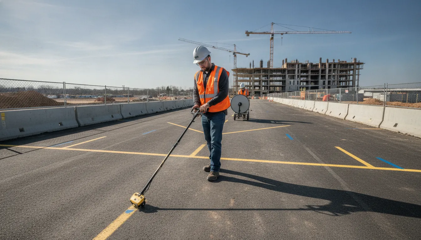 Technician using electromagnetic locating equipment at a commercial construction site