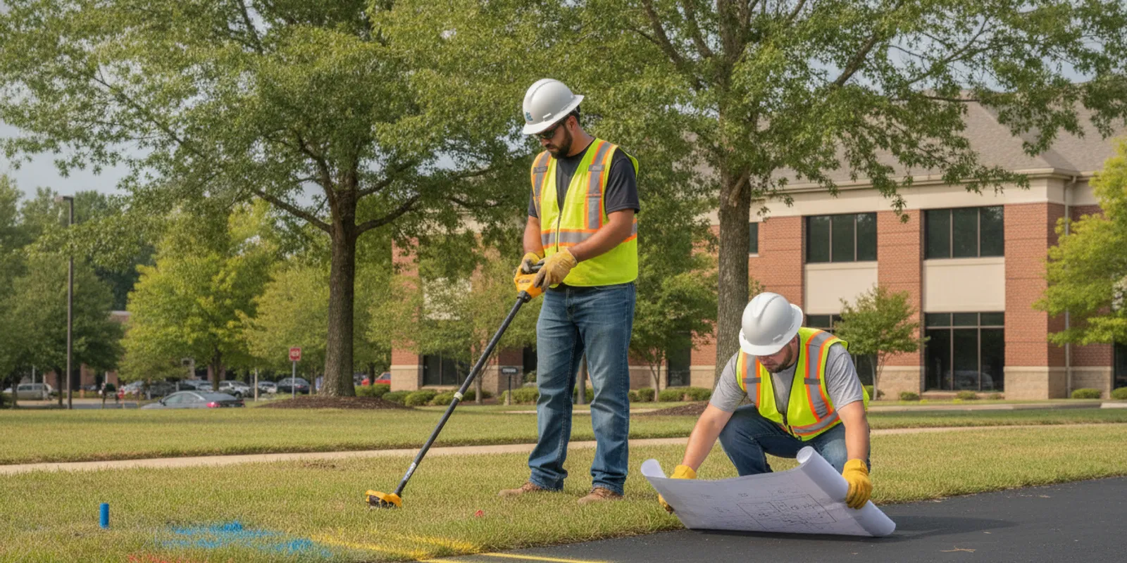 Utility locating technician surveying a Richmond-area construction site with field equipment