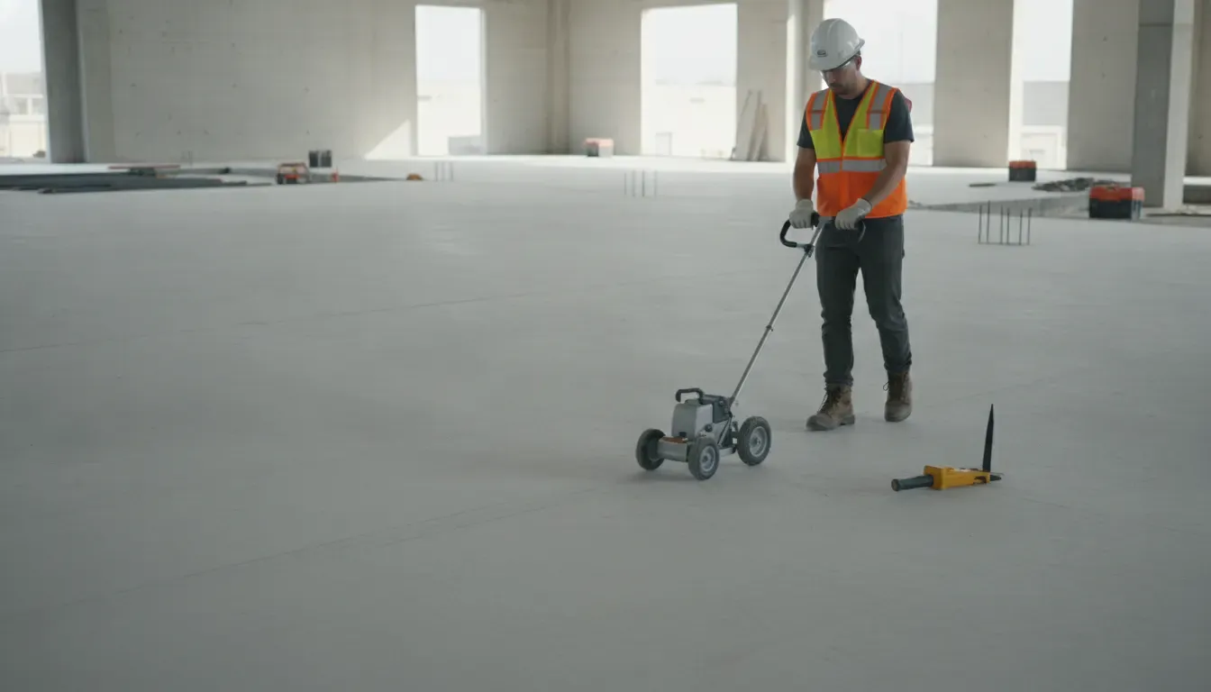 Technician using GPR to scan a concrete slab before construction work