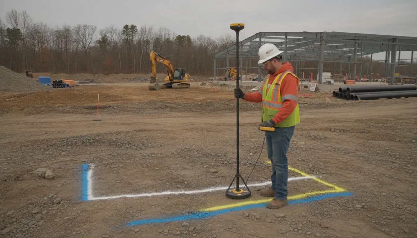 Utility locating technician using electromagnetic equipment at an excavation site