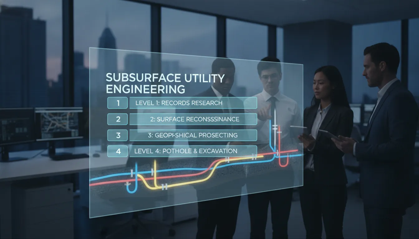 Engineers reviewing the four quality levels of subsurface utility engineering on a digital map.