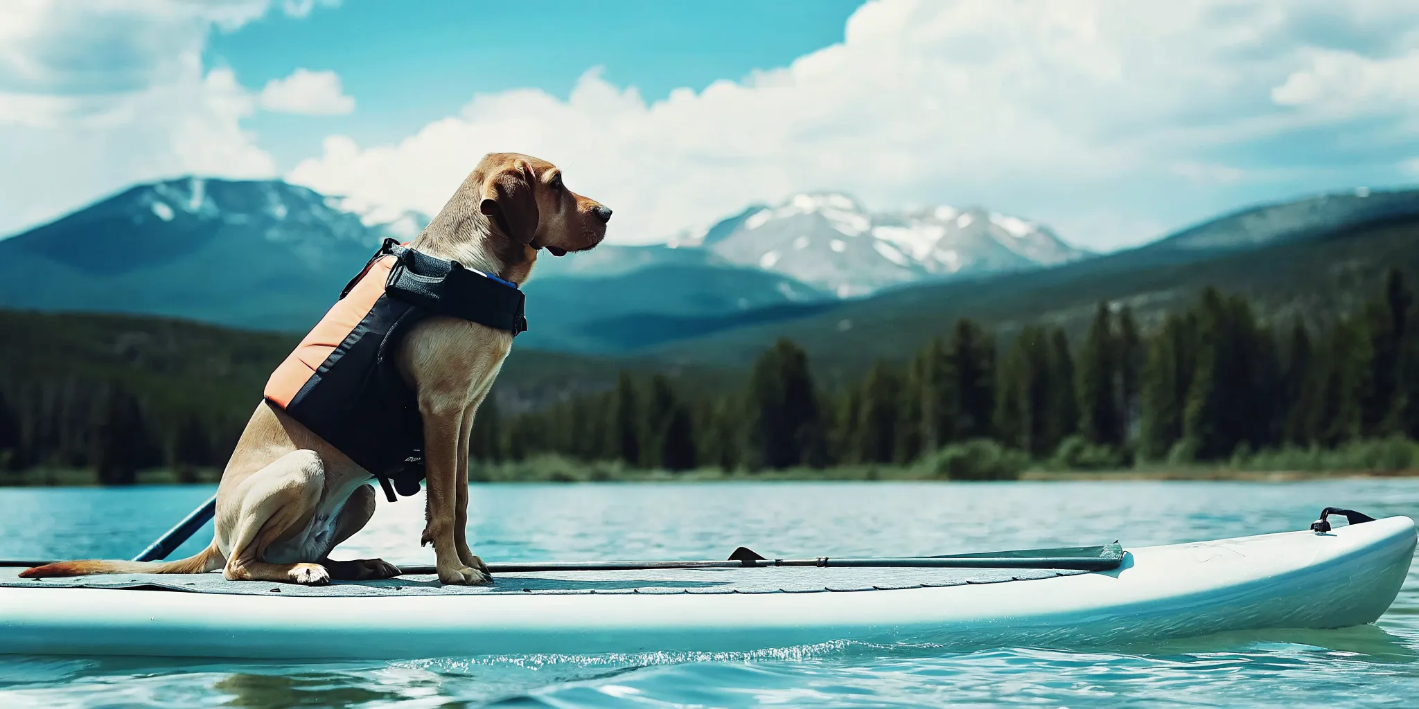 Dog wearing a life jacket on a paddleboard at Lake Dillon