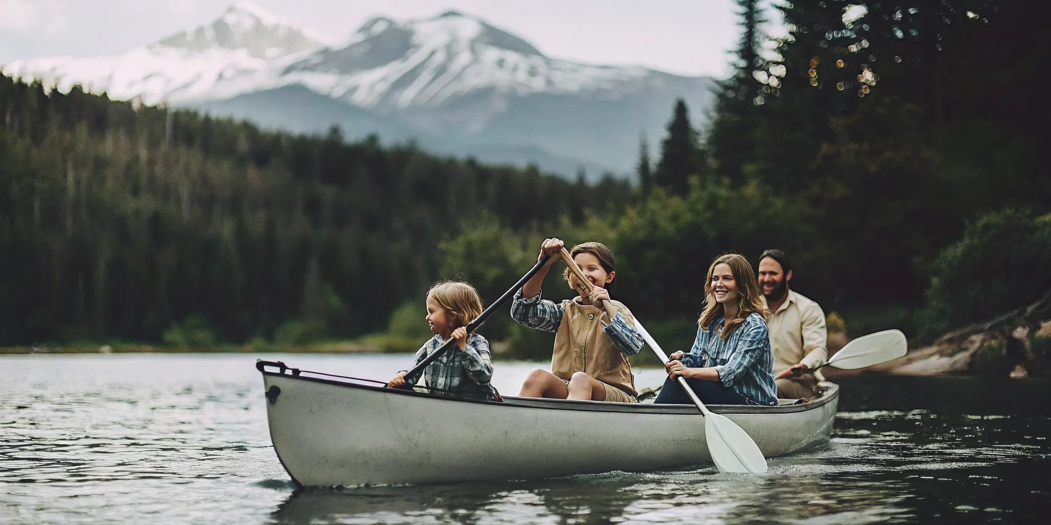 Family paddling tandem kayak on Lake Dillon with mountain backgrounds