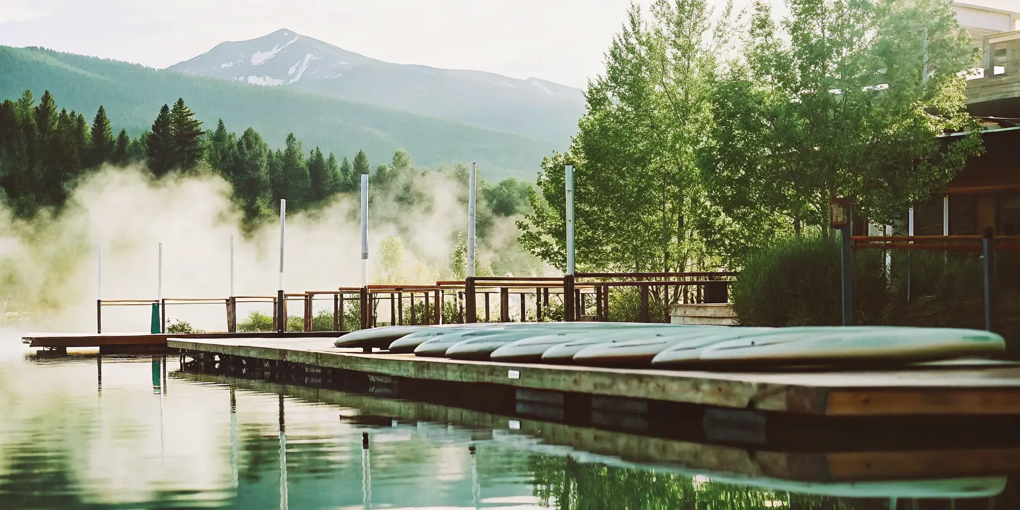 Early morning at Lake Dillon Marina with calm water and paddleboards ready at the dock