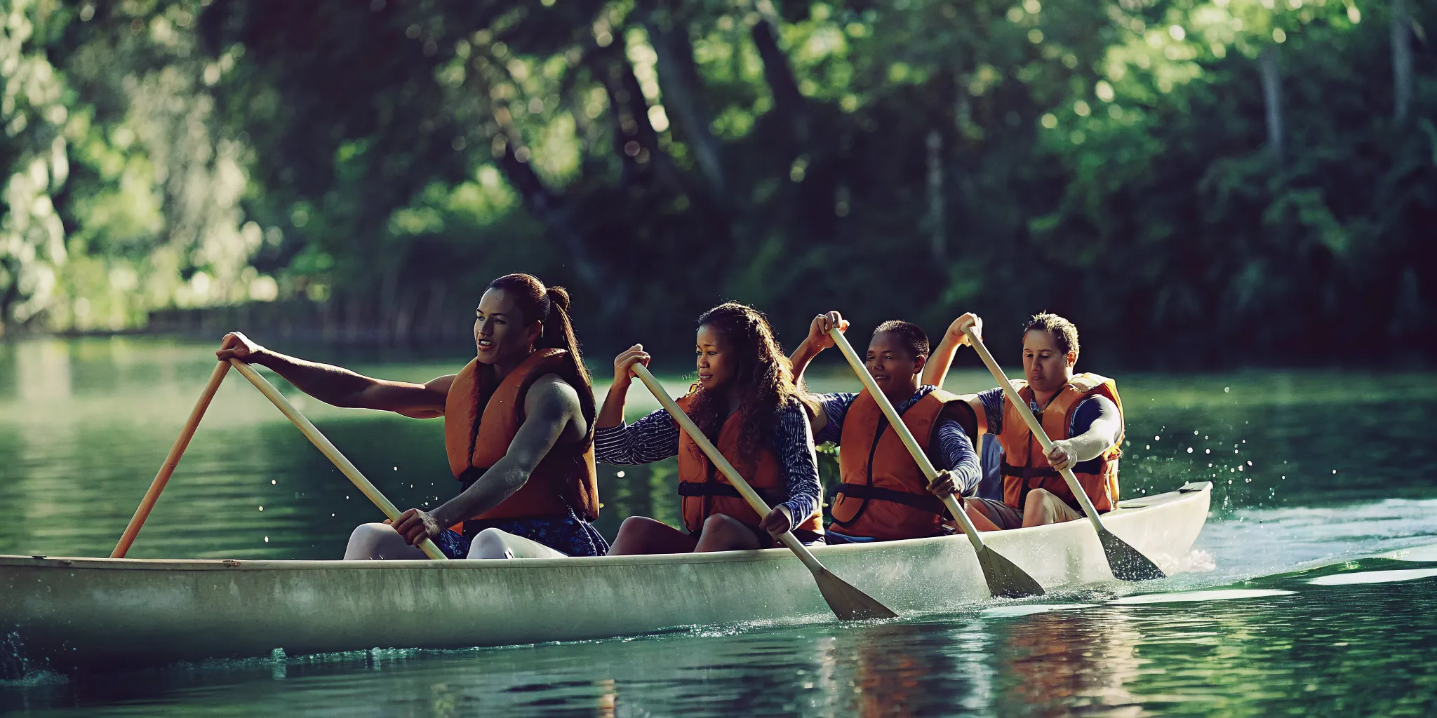 Team paddling an outrigger canoe in sync on Lake Dillon with mountain backdrop