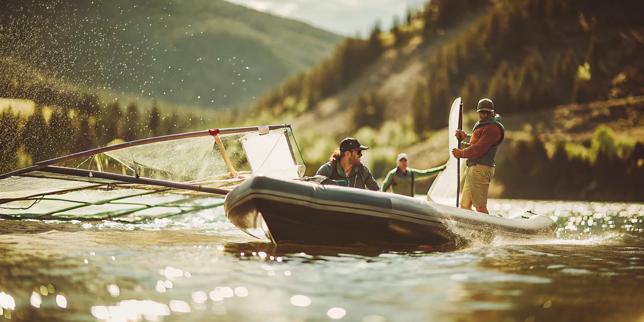 Professional wingfoiling instructor in a Zodiac RIB boat coaching a student on Lake Dillon, Colorado