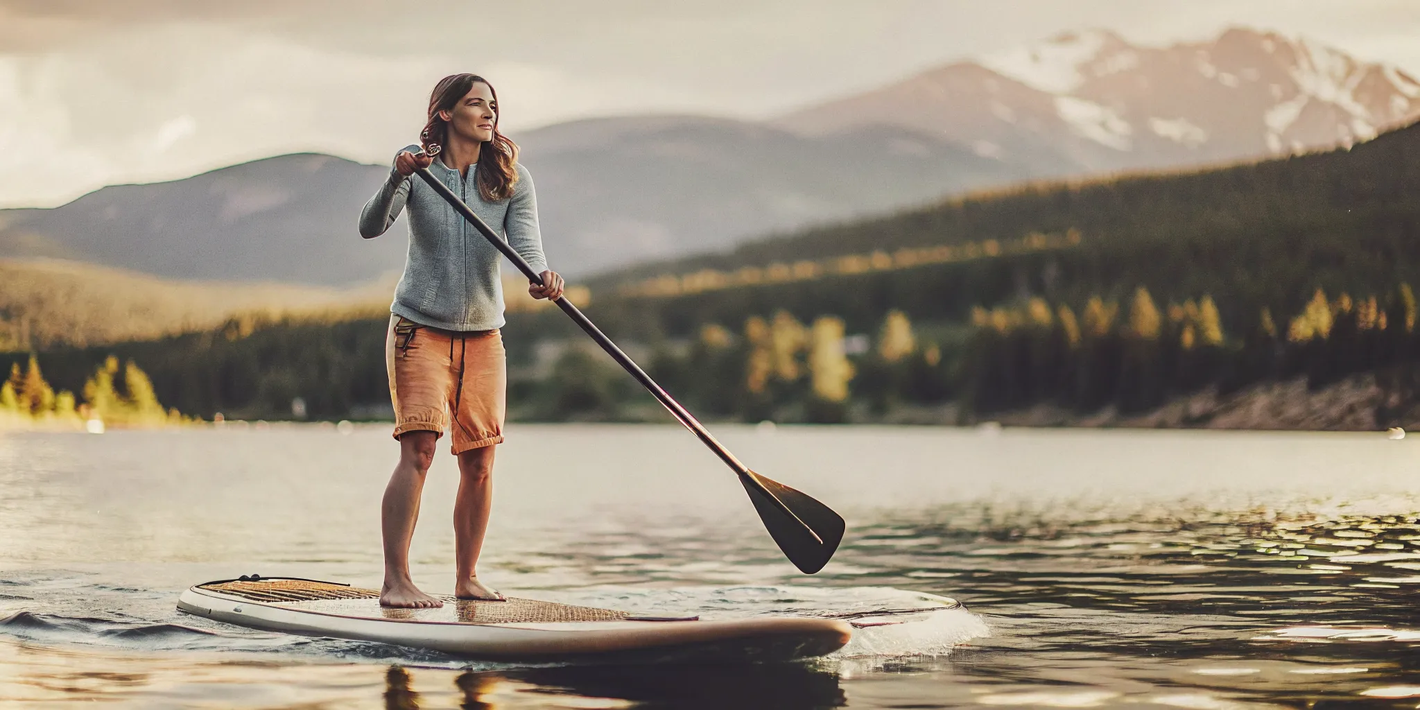 Paddle boarder on Lake Dillon with Tenmile Range mountains in background
