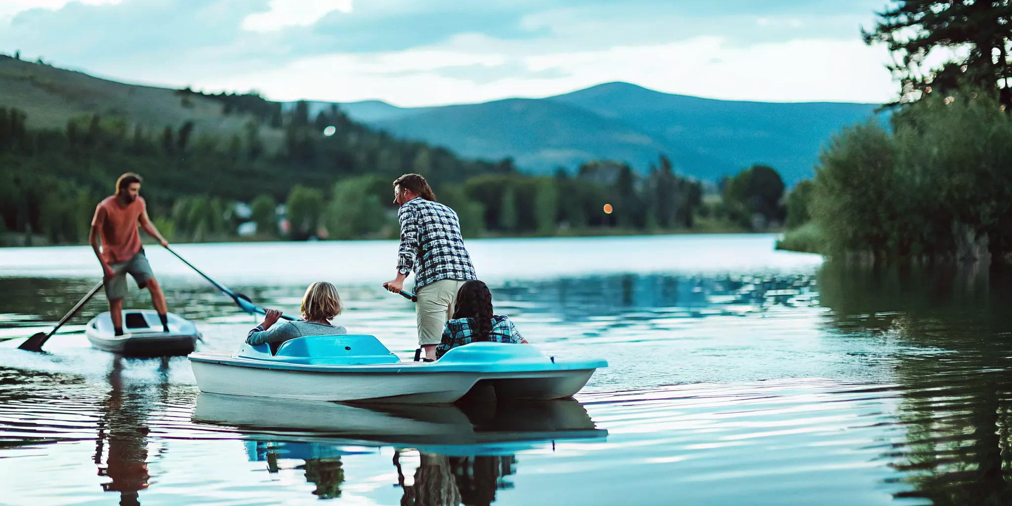 Friends comparing Nottingham Lake rentals on the water