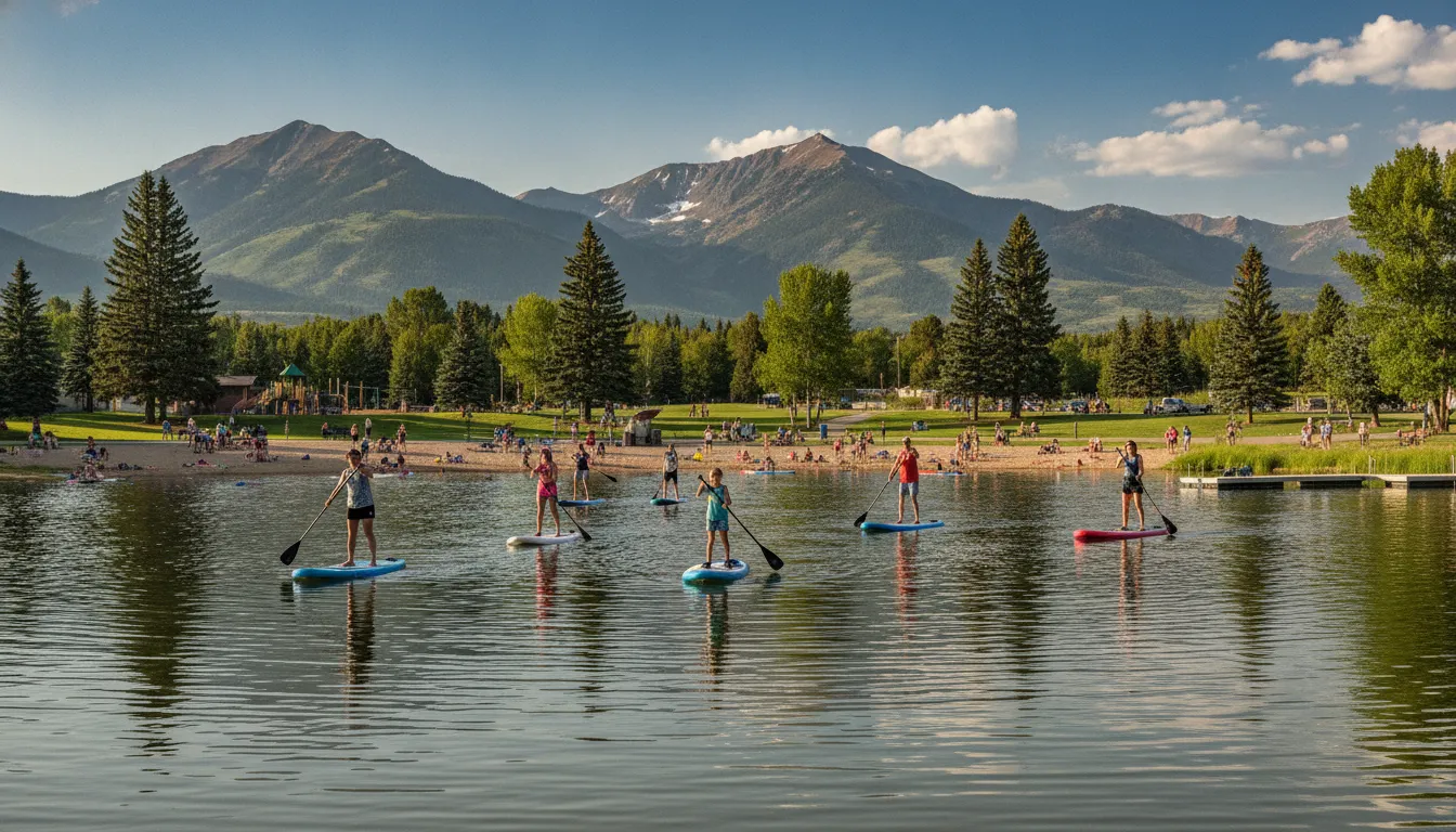 Family paddle boarding Avon Vail on calm Nottingham Lake