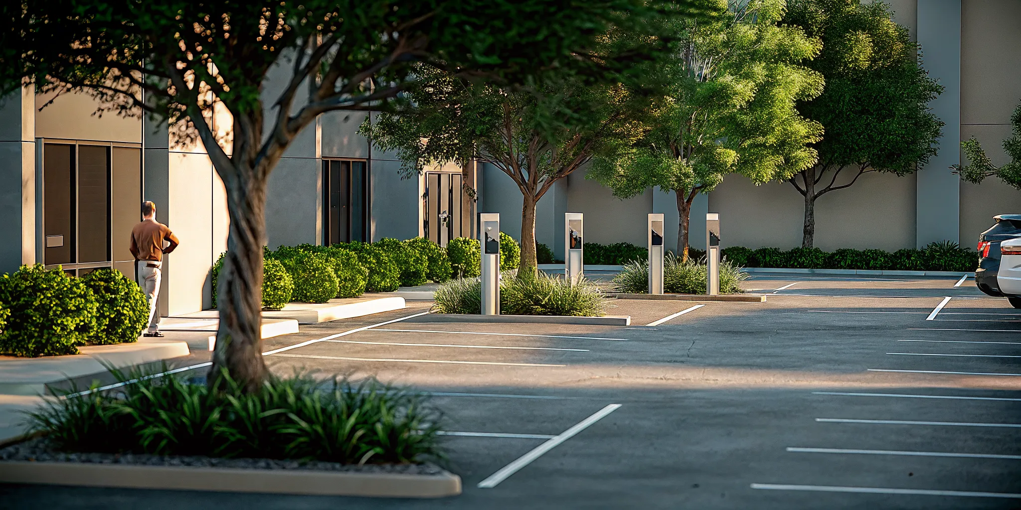 Electrician assessing commercial EV charging station installation Dallas parking layout