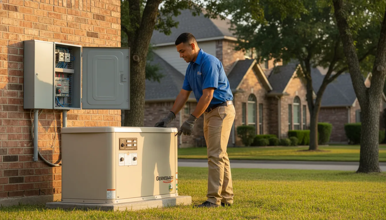 Electrician inspecting a standby generator during a Generac installer in DFW assessment