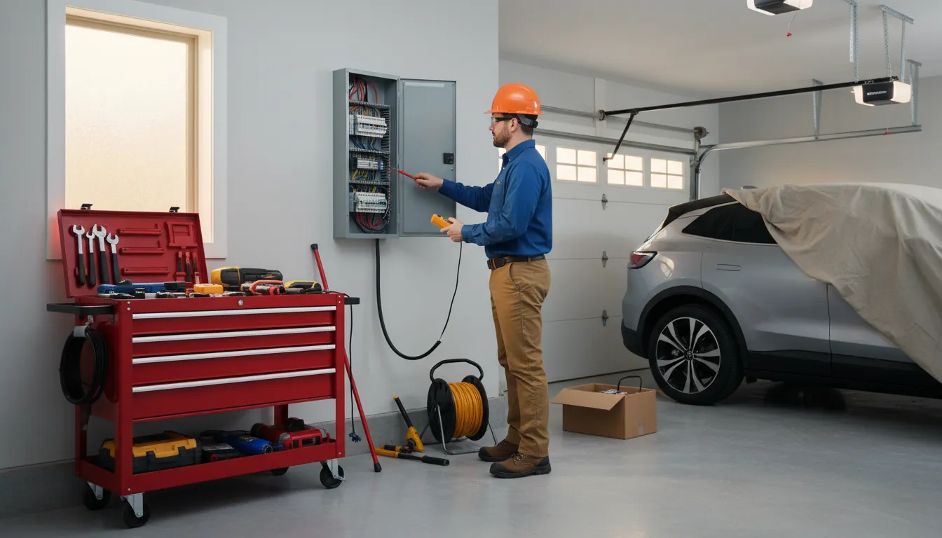 Electrician checking electrical panel capacity for a Level 2 EV charger