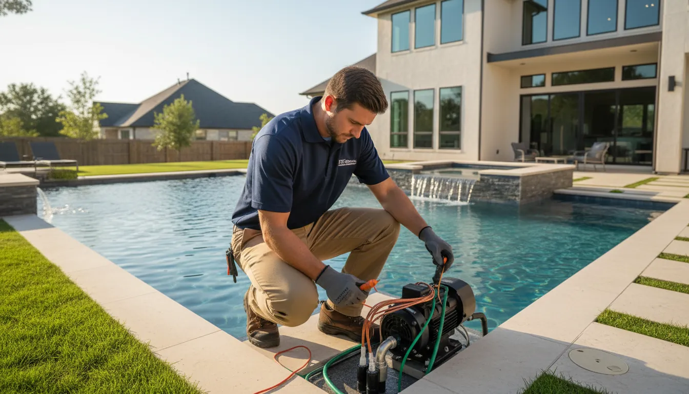 Licensed electrician inspecting pool bonding and electrical safety near a DFW backyard pool
