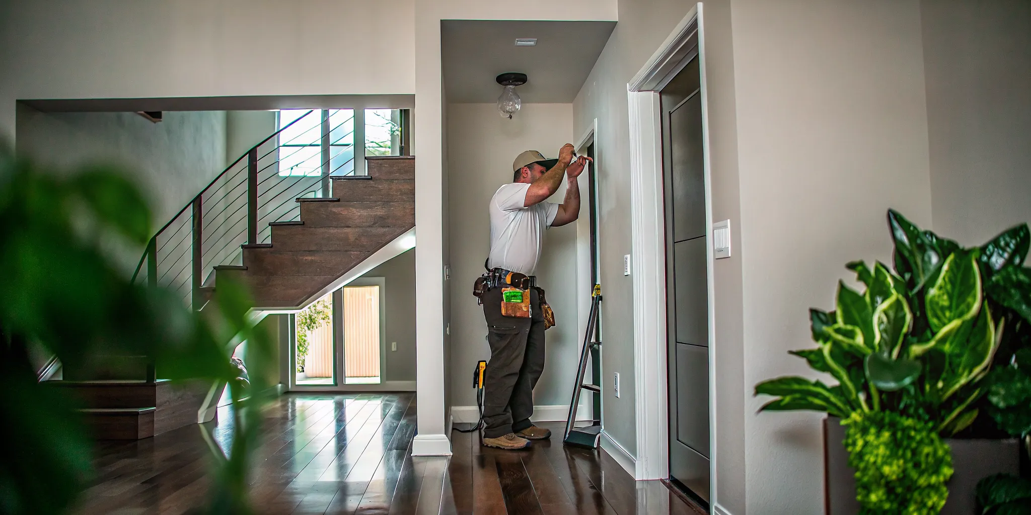 Electrician installing a smoke alarm in a DFW home hallway