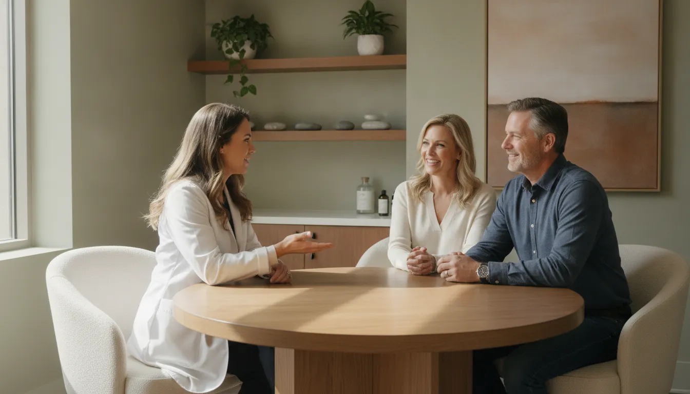 Consultation room where a medical provider reviews hormone health with a patient at Infinite Vitality in Glen Carbon, IL