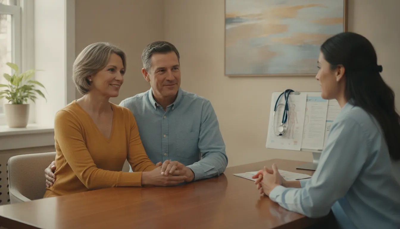 Clinician reviewing hormone therapy options with a patient in a modern medical office