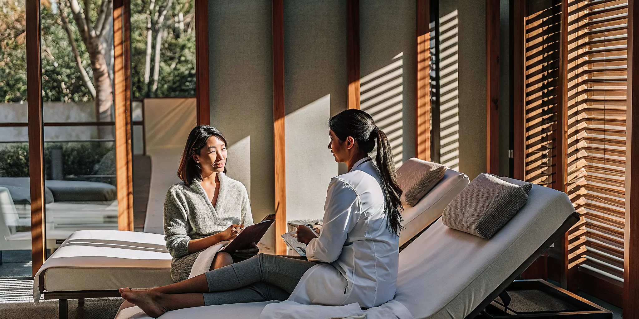 Medical professional consulting with a patient in a modern medical spa consultation room