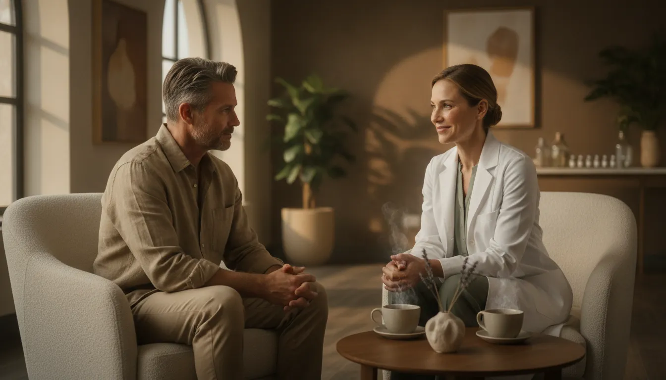 Patient discussing testosterone replacement therapy evaluation with a healthcare provider