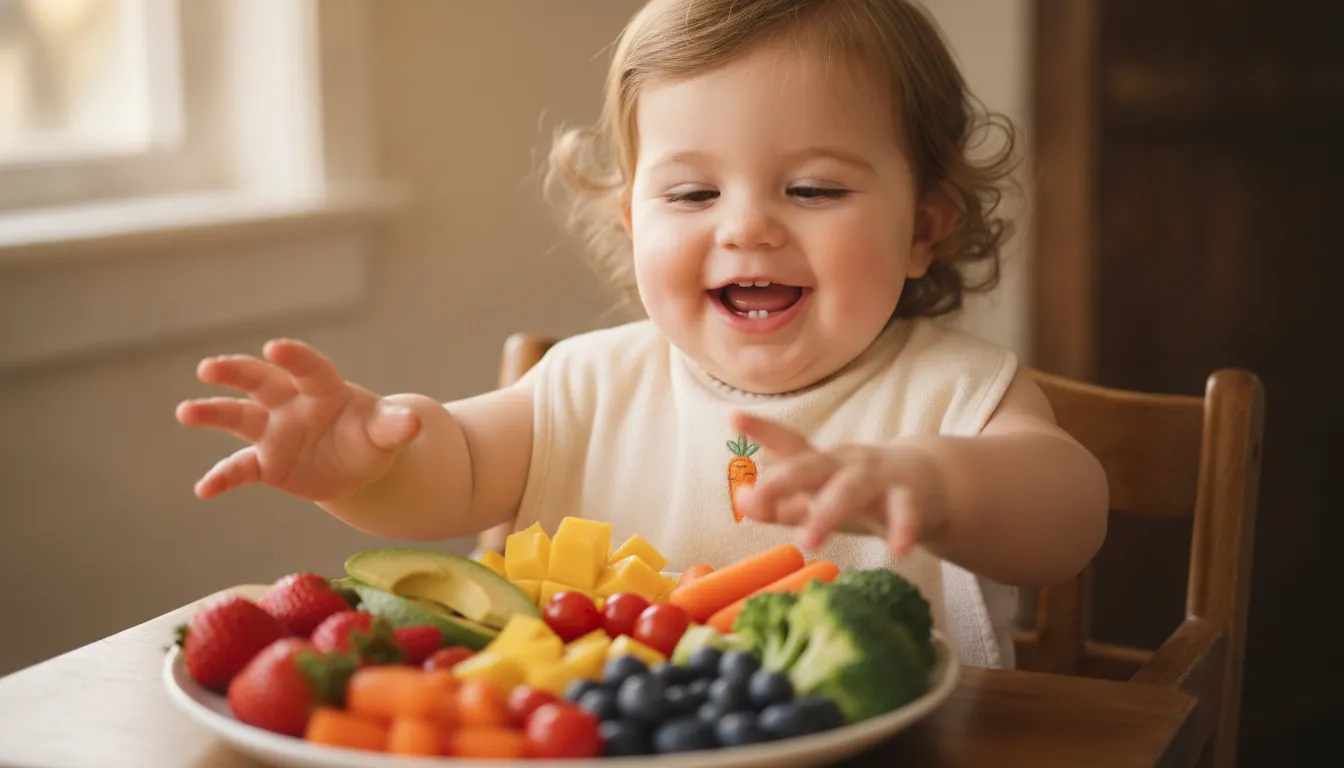 A toddler smiling and reaching for healthy plant-based foods