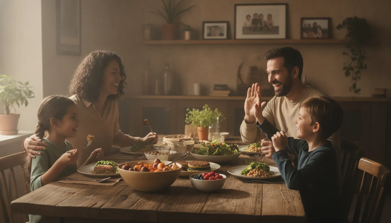 A happy family enjoying a healthy plant-based meal together