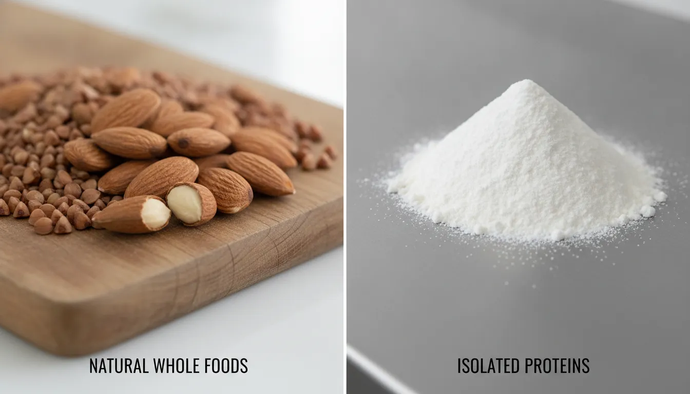 Comparison of whole-food formula ingredients like almonds and buckwheat versus processed protein powder isolates