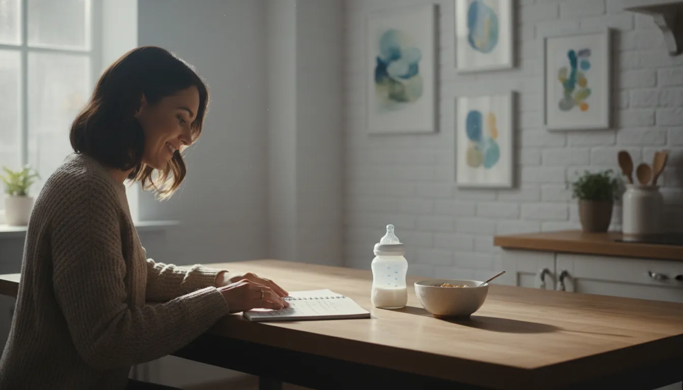 Parent reviewing baby formula constipation notes and feeding details