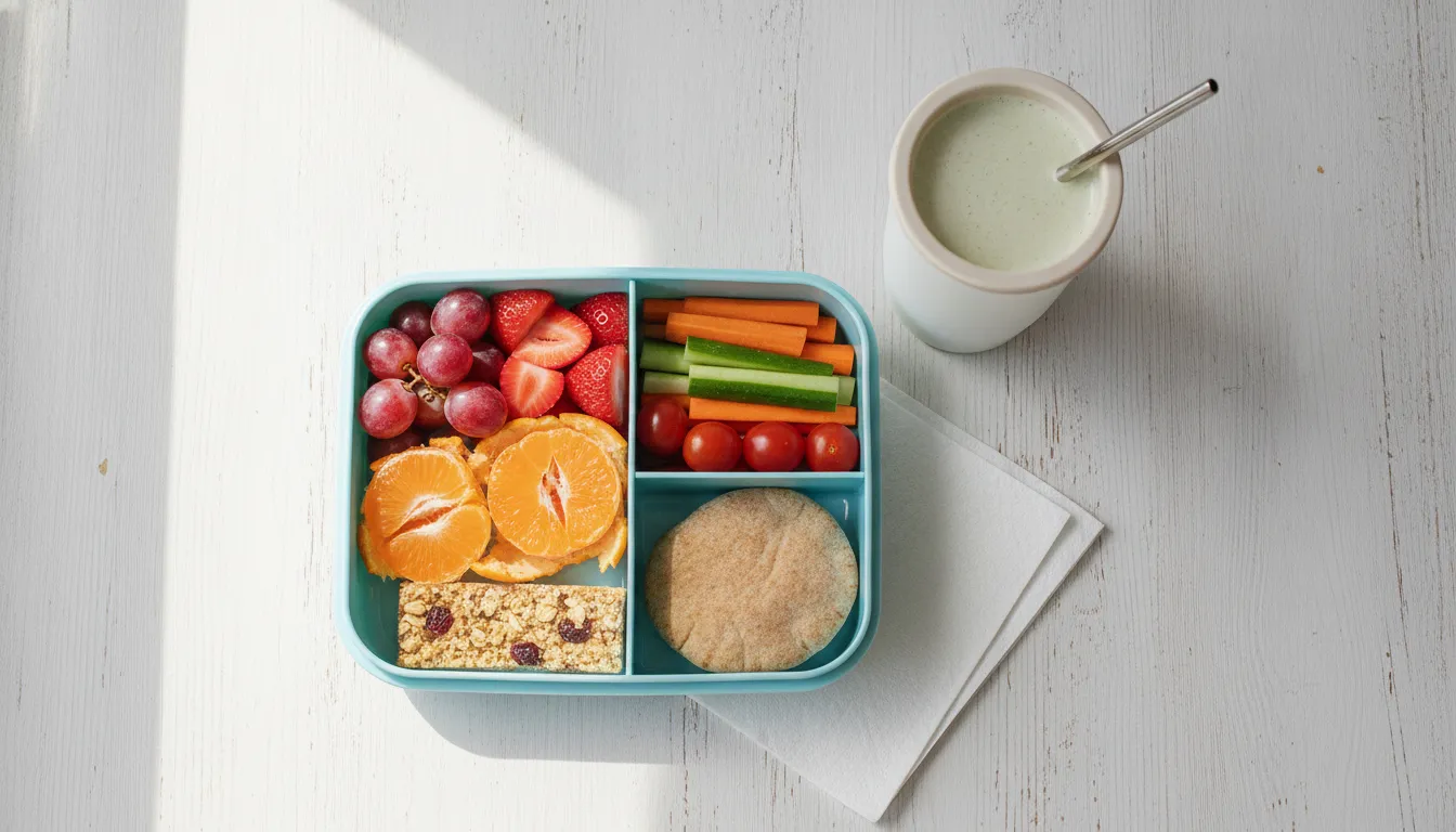 Balanced dairy-free school lunch with a plant-based kids nutrition shake