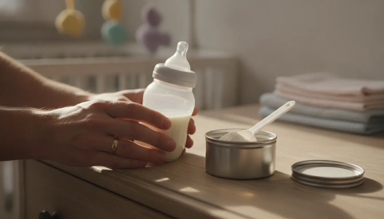Parent preparing a bottle of powdered infant formula beside a scoop on a nursery dresser