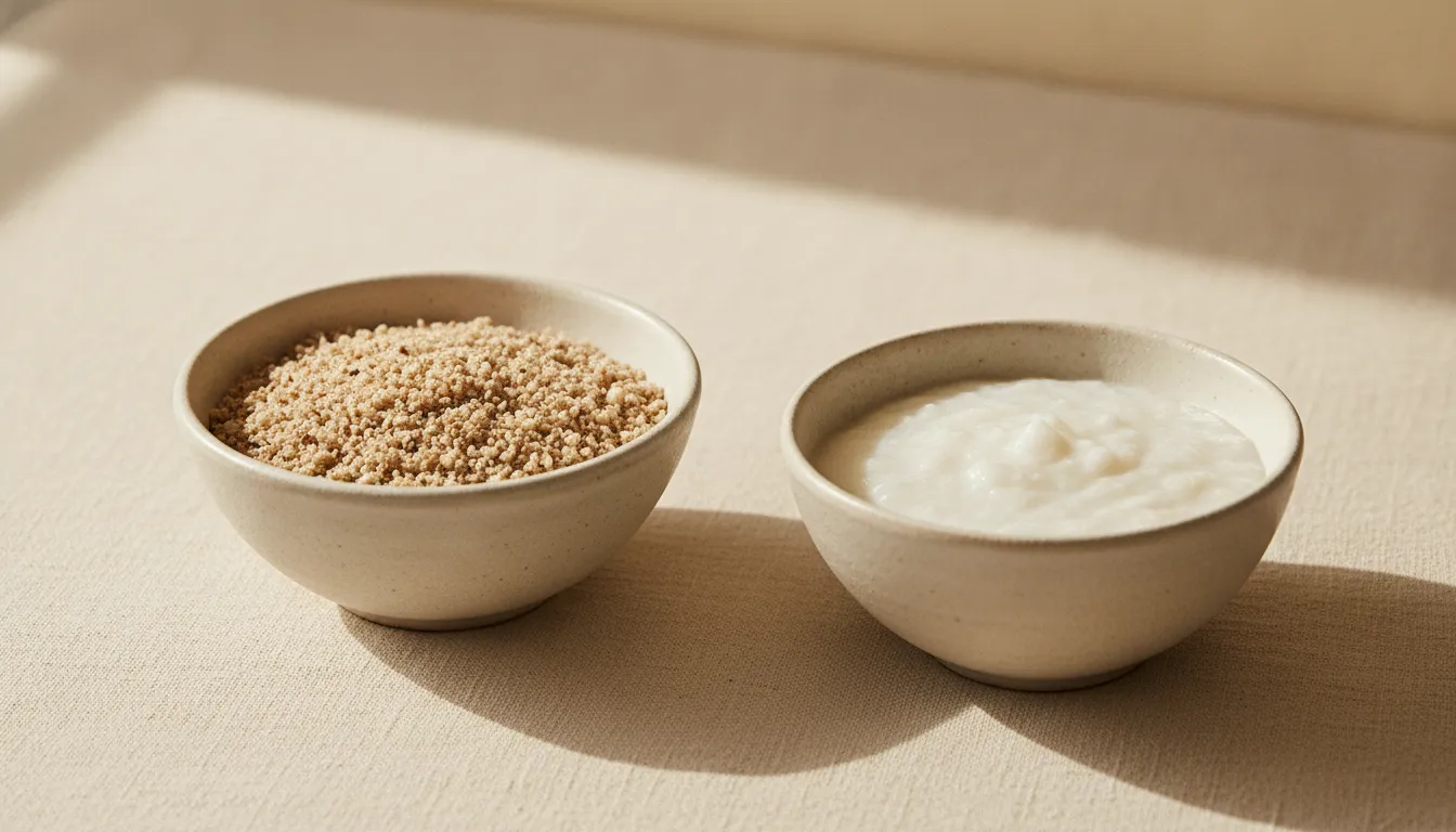 Two bowls comparing organic baby cereal and rice cereal
